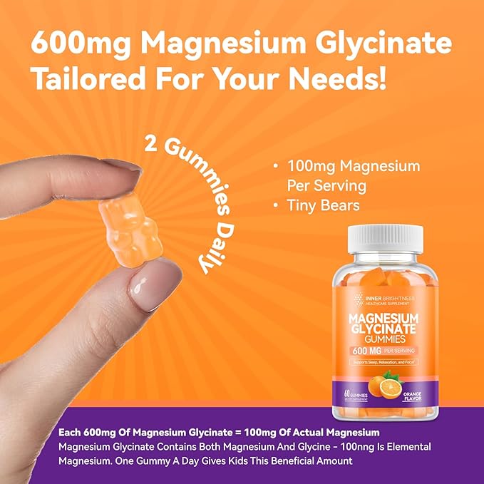 Magnesium Glycinate Gummies 600mg, Non-GMO, Gluten-Free, Magnesium Gummies for Adults & Kids, Sleep, Relaxation & Focus, Orange Flavor, 60 Count
