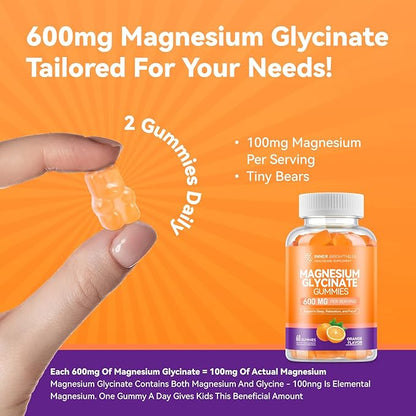 Magnesium Glycinate Gummies 600mg, Non-GMO, Gluten-Free, Magnesium Gummies for Adults & Kids, Sleep, Relaxation & Focus, Orange Flavor, 60 Count