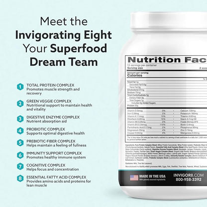 INVIGOR8 Superfood Grass Fed Whey Protein Isolate Shake French Vanilla Gluten-Free and Non GMO Meal Replacement with Probiotics and Omega 3 (483g)