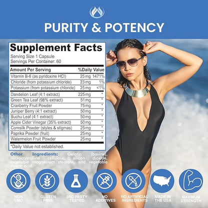 Water Pills Diuretic Water Retention - Liver Detox, Kidney Cleanse, Weight, Swelling Legs & Feet, Edema, Bloating Relief, Fluid Balance - Dandelion Vitamin B6 Green Tea Watershed Max Strength 60ct (1)