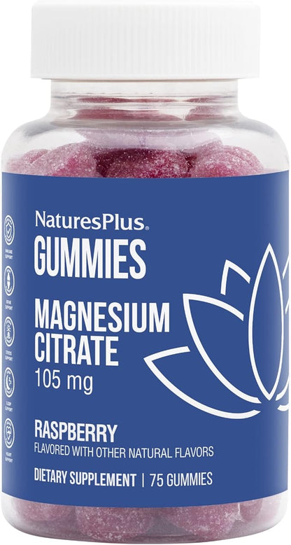 NaturesPlus Gummies Magnesium Citrate - 75 Gummies, Raspberry - Helps Calm the Mind & Body, Supports Bone Density - Vegetarian, Gluten Free, Non-GMO - 25 Servings