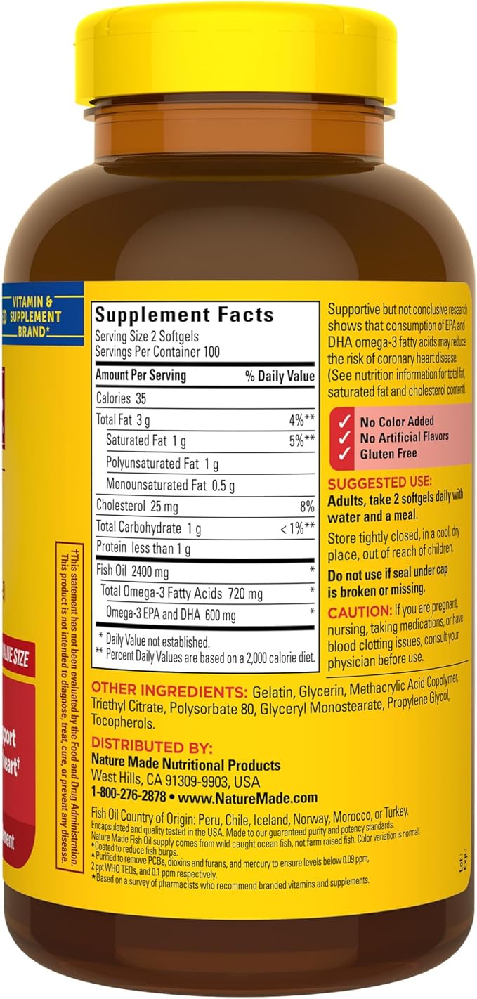 Nature Made Burp Less Fish Oil Omega 3 Supplements, 1200 mg Softgels, Omega 3 Fish Oil for Healthy Heart Support, 200 Softgels, 100 Day Supply
