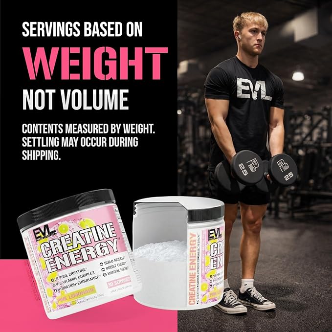 Evlution Nutrition Creatine Energy - Supports Muscle Growth, Boosts Energy, Endurance & Cognition - 5g Pure Creatine Monohydrate Per Serving - B + C Vitamin Complex - 30 Servings - Pink Lemonade