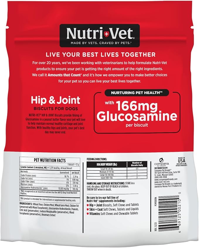 Nutri-Vet Hip & Joint Biscuits, Dog Joint Supplement, Dog Treat, Small Sized Biscuit with 166mg Glucosamine, Puppy Supplements, Tasty Glucosamine Treat, Puppy Essentials, 16 oz (Pack of 2)