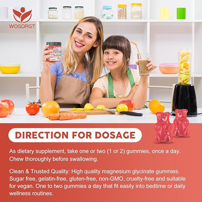 Magnesium Glycinate Gummies for Kids & Adults - Relaxation & Cognition Support - 400/200mg Magnesium Supplement with L-Theanine, Chamomile, B6, D3 & K2 - Vegan, Sugar Free, Strawberry Flavor, 60 Ct