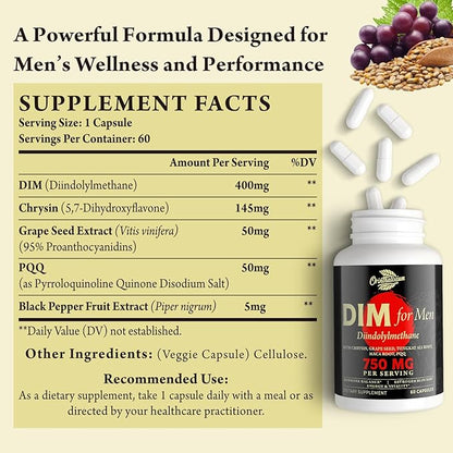 DIM for Men 750MG – Hormone Balance, Estrogen Support for Men, DIM Supplement, Detox, Vitality & Fitness Performance–Chrysin & Black Pepper Extract, 60 Capsules (2 Bottle)