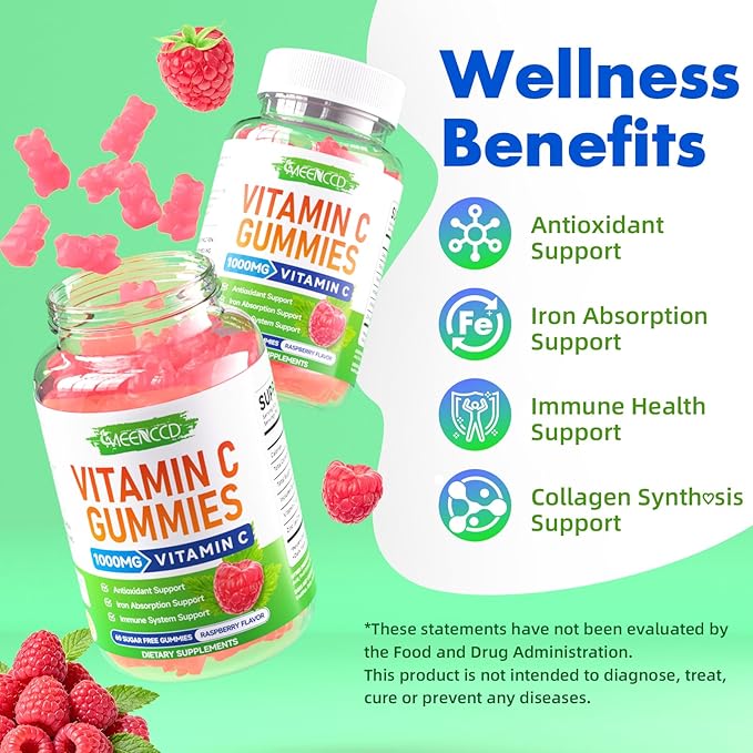 MEENCCD Organic Vitamin C Gummies for Adults, Chewable Vitamin C Gummies with Zinc for Antioxidant Support, Vegan, Non-GMO, Sugar-Free, Raspberry Flavor, 60 Count