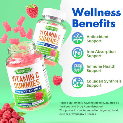 MEENCCD 2 Pack Vitamin C Gummies for Adults, Chewable Vitamin C Gummies with Zinc for Antioxidant Support, Vegan, Non-GMO, Sugar-Free, Raspberry Flavor, 120 Count
