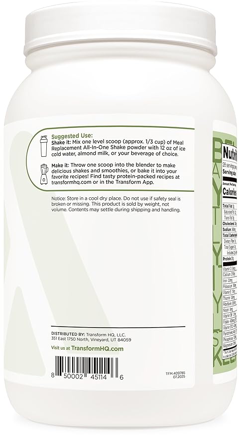 TransformHQ Meal Replacement Shake Powder 28 Servings (Mint Chocolate Chip) - 20G Protein per Serving, Non-GMO