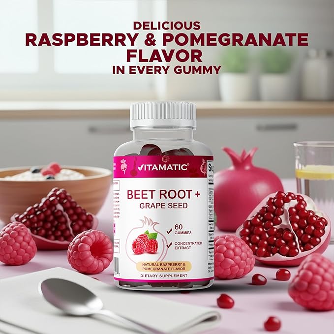 Vitamatic Beet Root Gummies with B6, B12, Grape Seed, Pomegranate & Nicotinamide – Plant-Based Extract – Vegan, Non-GMO – Botanical Supplement Gummies – 60 Count - 2 Pack (120 Count)