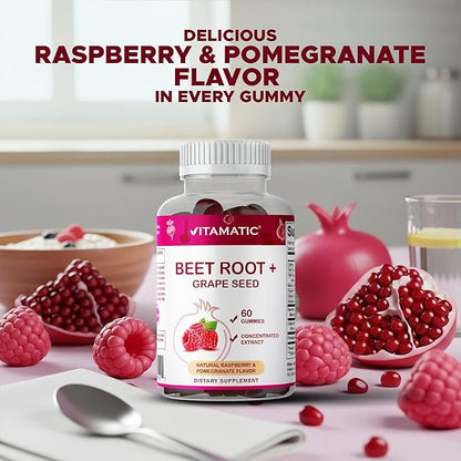 Vitamatic Beet Root Gummies with B6, B12, Grape Seed, Pomegranate & Nicotinamide – Plant-Based Extract – Vegan, Non-GMO – Botanical Supplement Gummies – 60 Count - 2 Pack (120 Count)