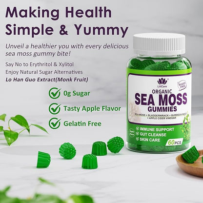 Sea Moss Gummies - Irish Sea Moss Gummies for Adults & Kids - Advanced Superfood Seamoss Supplement with Organic Bladderwrack & Burdock Root Extract，ACV for Daily Immune, Gut Cleanse, Vegan, 60 Counts