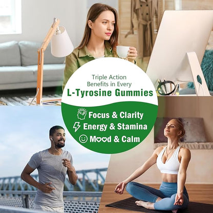 L-Tyrosine Gummies for Adults and Kids - L-Tyrosine Supplement Focus Gummies for Brain, Mood, Energy Support, Vegan & Gluten-Free, Mango Flavor, 60 Count
