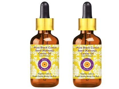 Deve Herbes Pure Black Cumin Seed (Kalaunji) Carrier Oil (Nigella Sativa) with Glass Dropper Cold Pressed (Pack of Two) 100ml X 2 (6.76 oz)