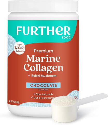 Further Food Chocolate Marine Collagen Peptides Powder with Reishi Mushroom, Wild-Caught Sustainably Sourced Fish, Hydrolyzed Type 1, 2 & 3, 7.41 Oz