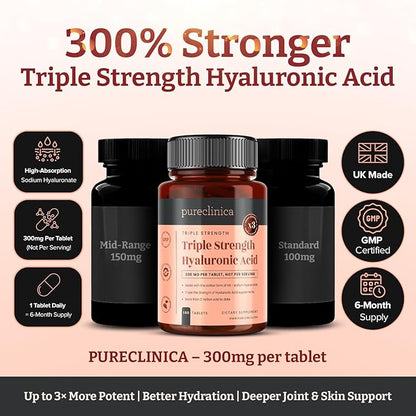 pureclinica Triple Strength Hyaluronic Acid 300mg x 720 Tablets (4 Bottles of 180) - 2 Years Supply