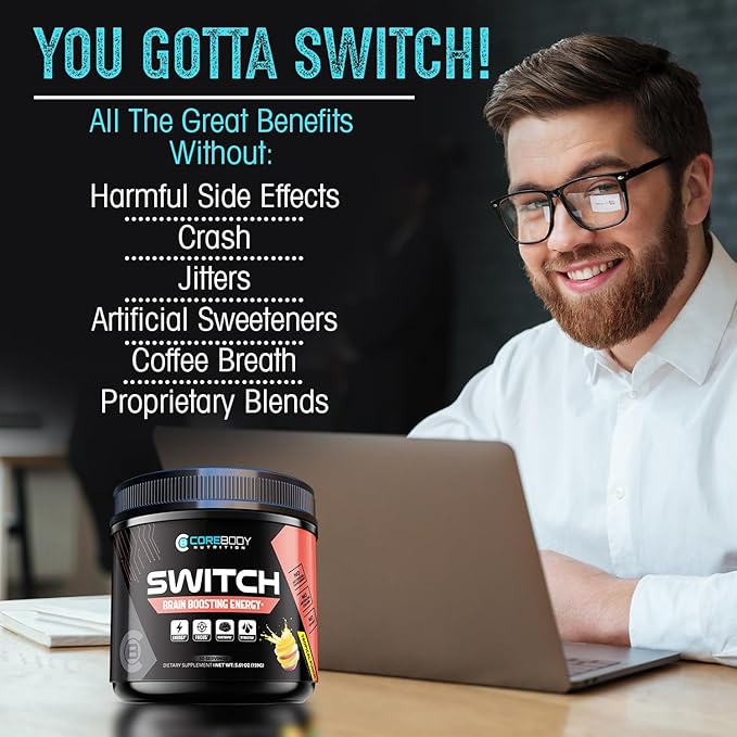 CoreBody Switch Energy Drink Mix -Nootropics Brain Support Supplement for Memory & Focus, Sugar Free Energy Booster with Nootropics, Alpha GPC, All Day Focus* (Tropical Punch)