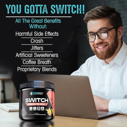 CoreBody Switch Energy Drink Mix -Nootropics Brain Support Supplement for Memory & Focus, Sugar Free Energy Booster with Nootropics, Alpha GPC, All Day Focus* (Tropical Punch)
