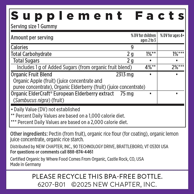New Chapter Elderberry Gummies for Kids 2+, USDA Organic,64x Concentrated Pure Elderberry for Immune Support,Great Tasting Whole-Food Gummies, Vegan & Non-GMO, 30 ct