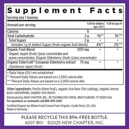 New Chapter Elderberry Gummies for Kids 2+, USDA Organic,64x Concentrated Pure Elderberry for Immune Support,Great Tasting Whole-Food Gummies, Vegan & Non-GMO, 30 ct