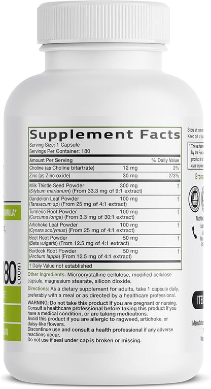 Bronson Liver Detox Advanced Detox & Cleansing Formula Supports Health Liver Function with Milk Thistle, Dandelion Extract, Turmeric, Artichoke Leaf & More, Non-GMO, 180 Vegetarian Capsules