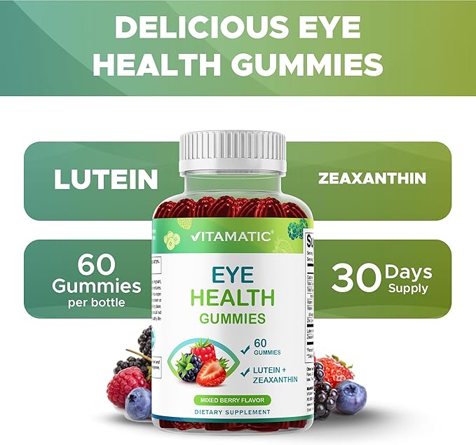 Vitamatic Eye Health Gummies with Lutein, Zeaxanthin, Vitamin C, E & Zinc – Mixed Berry Flavor – 60 Gummies –Non-GMO, Gluten-Free