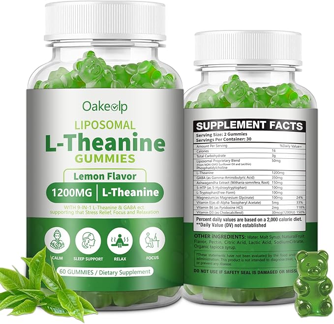 Liposomal L-Theanine 1200mg Gummies,Complex Magnesium GABA,5-HTP,Ashwagandha etc for Calm, Zzz & Relaxation Support for Adults,Children & Elderly,Liposomal Enhance 98% Absorption