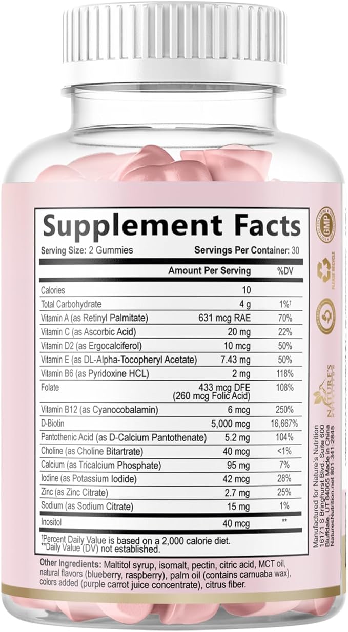Hair Vitamins Gummies - Sugar Free Hair Growth Support Gummy with Biotin 5000 mcg Per Serving, Vitamin A, B12, C, D, E, Folic Acid - Supports Strong Beautiful Hair and Nails, Vegetarian - 60 Gummies