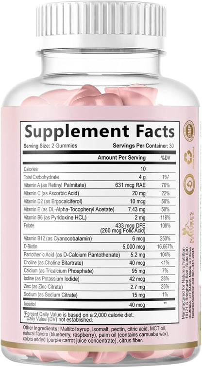 Hair Vitamins Gummies - Sugar Free Hair Growth Support Gummy with Biotin 5000 mcg Per Serving, Vitamin A, B12, C, D, E, Folic Acid - Supports Strong Beautiful Hair and Nails, Vegetarian - 60 Gummies