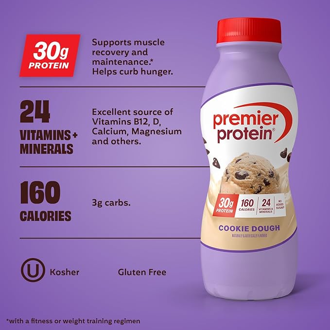 Premier Protein Shake, Cookie Dough, 30g Protein, No Added Sugar, 24 Vitamins & Minerals to Support Immune Health, 11.5 fl oz, 12 Pack