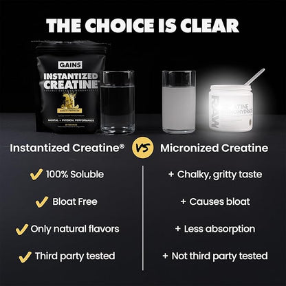 Gains in Bulk Instantized Creatine Monohydrate for Men & Women, Soluble Pre Workout Powder, Supports Muscle Building, Strength and Performance, Bodybuilding Supplements, Sweet Lemonade, 30 Servings