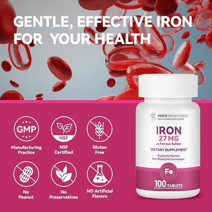 Inner Brightness Iron Supplement, Iron 27mg Iron Supplement for Women, 100 Tablets, 100 Day Supply, Daily for Adults, Red Blood Cell Support, Gentle on Stomach