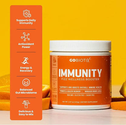 GOBIOTIX Vitamin C - Immune Defense Support Supplement - Immunity Powder Wellness Booster - Vegan Superfood - Elderberry, Turmeric, B12 Vitamin Supplement, Non-GMO and Sugar Free (Orange)