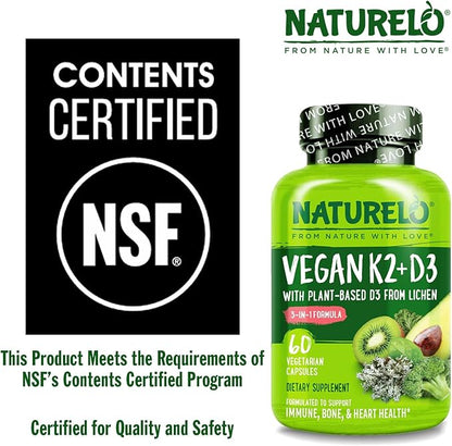 NATURELO Vitamin D3 K2 - Vegan with Plant Based D3 from Lichen - Natural Supplement for Immune System, Bone Support, Heart Health - Whole Food - Non-GMO - Gluten Free, 60 Capsules
