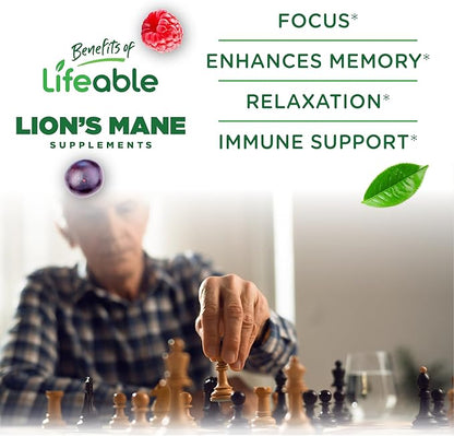 Lifeable Lions Mane Gummies for Adults | Great Tasting Lions Mane Mushroom Extract | Vegan, Kosher, Non-GMO Mushroom Gummies | Brain Support Supplement | 60 Count