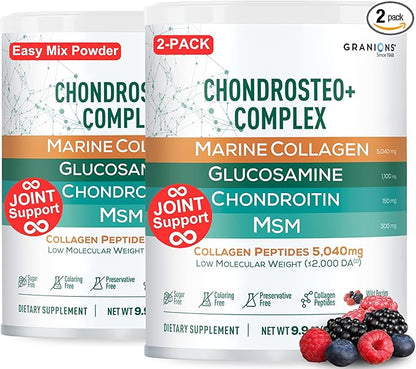 Granions Glucosamine Chondroitin MSM Complex Powder – Joint Supplements for Men and Women - Chondrosteo, Hydrolyzed Marine Collagen Peptides, Pack of 2 – Wild Berry Flavor, 19.8oz
