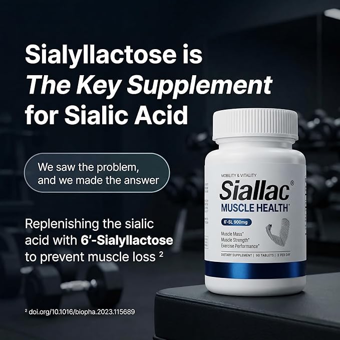 Muscle Health - Made in USA - Enhance Muscle Mass & Strength, Fast Workout Recovery, Reduce Fatigue & Boost Exercise Performance, 6-Sialyllactose (6-SL), 900mg, 90 Tablets (1 Pack)