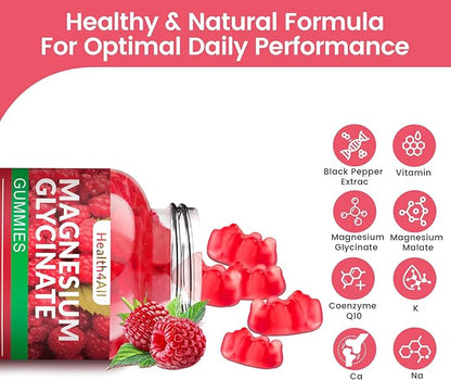 Magnesium Glycinate Gummies 1000mg, High Absorption Sugar Free Magnesium Potassium Supplement for Relaxation, Stress Relief, and Sleep Support for Adults & Kids - 180 Raspberry Gummies