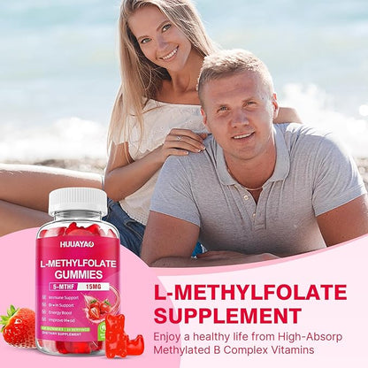 L-Methylfolate 15 mg Gummies, Methylfolate Supplement, Folate 5-MTHF Supplement for Support Mood, Brain Health, Immune System, Sugar Free, Strawberry Flavor, 120 Count