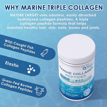 NATURE TARGET Marine Collagen Powder for Women - Multi Collagen Peptides with Hyaluronic Acid & Vitamin C for Hair, Skin, Nails & Joints - Wild-Caught Fish & Grass-Fed Bovine, 50 Servings