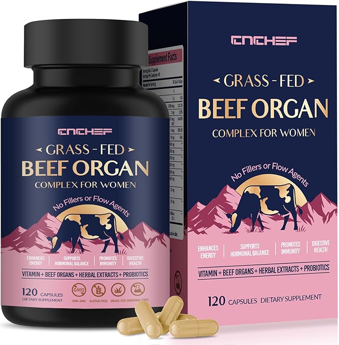 Beef Organ Supplement for Women, Beef Liver, Kidney, Heart & Uterus Tissue, with Multivitamins, Folate & Herbal Extracts – Balance Hormones, Support PMS & Energy, Grass Fed,Pasture Raised,120 Capsules