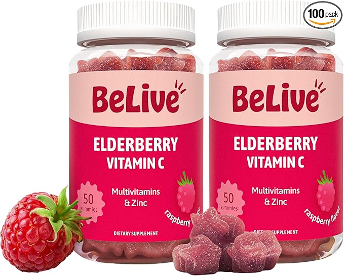 BeLive Elderberry Gummies with Zinc and Vitamin C - Immune Support Supplement with Vitamin D, A, E, B12 - Gummies for Healthy Bones & Teeth, Vegan, Keto & Non-GMO - Raspberry Flavor | 2-Pack