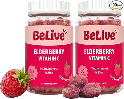 BeLive Elderberry Gummies with Zinc and Vitamin C - Immune Support Supplement with Vitamin D, A, E, B12 - Gummies for Healthy Bones & Teeth, Vegan, Keto & Non-GMO - Raspberry Flavor | 2-Pack