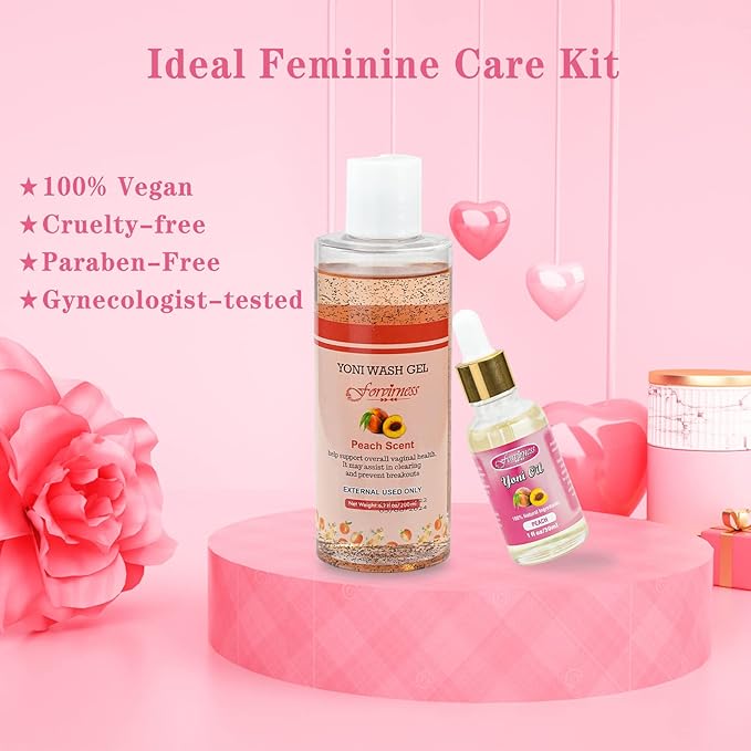 Natural Feminine Wash Yoni Oil Set, Body Cleanser with Cleaning Factor, Yoni Wash for Women pH Balance,1 fl.oz Peach Feminine Oil & 6.7 fl.oz Intimate Cleanser