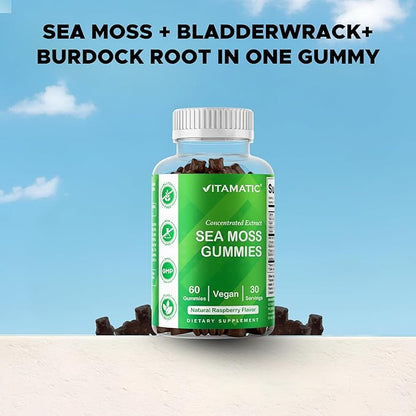 Vitamatic Irish Sea Moss Gummies with Bladderwrack & Burdock Root – Botanical Extract Supplement – Vegan, Non-GMO – 60 Count - 3 Pack