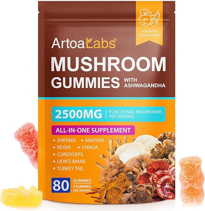 Mushroom Gummies with Ashwagandha 2500mg Lions Mane Mushroom Supplement Blend Organic Reishi, Cordyceps,Turkey Tail & More, Boosts Energy, Memory, Immune Defense- 80 Gummies