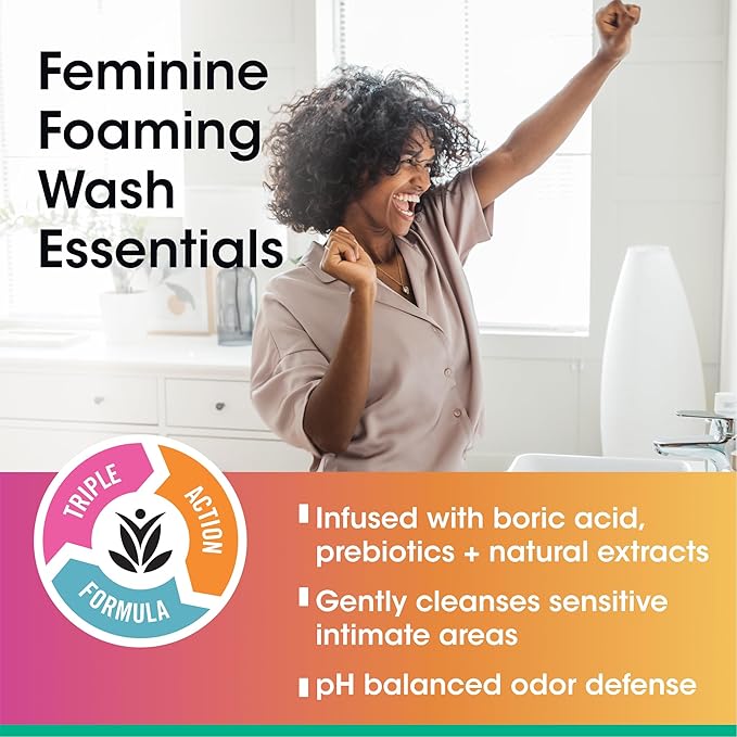 vH Essentials Feminine Foaming Wash with Boric Acid and Prebiotics, Odor Eliminating pH-Balanced Daily Cleanser with Lavender and Chamomile, 5 fl oz