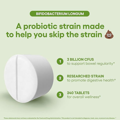Bifidobacterium Longum Probiotic Supplement 240 Tablets 3 Billion CFU Probiotics for Men & Women Supports Intestinal Digestive & Gut Health (240, Bifidobacterium Longum)