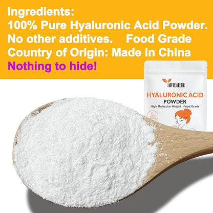 iFEiER Pure Hyaluronic Acid Powder | Food Grade Hyaluronic Acid Supplements | 60g(2.12oz) | HMW LMW High Molecular Weight Hyaluronic Acid Powder| Skin Hydration and Joint Lubrication