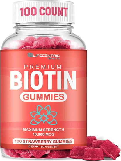Biotin Gummies for Adults | Max Strength Biotin 10000mcg | Chewable Biotin Supplement for Women and Men | 100 Count Vegan Hair Gummies for Hair Skin and Nails